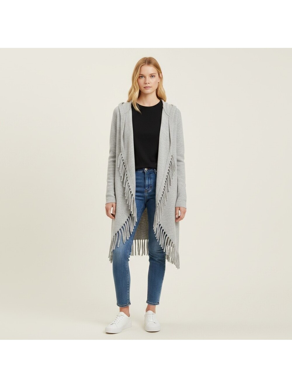 Kenar Cardigan Women M Medium Gray Open Front Hooded Long Sleeve Knit Wool